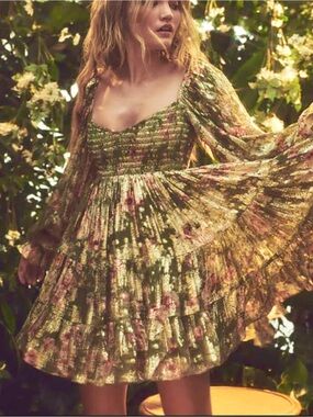 HEMANT & NANDITA Olive Green Floral Smocked Mini Dress